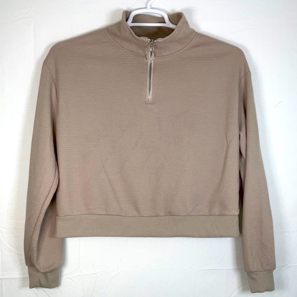 NWT Women’s Crave Fame Waffle Knit Long Sleeve Cropped Sweatshirt - Tan - Large